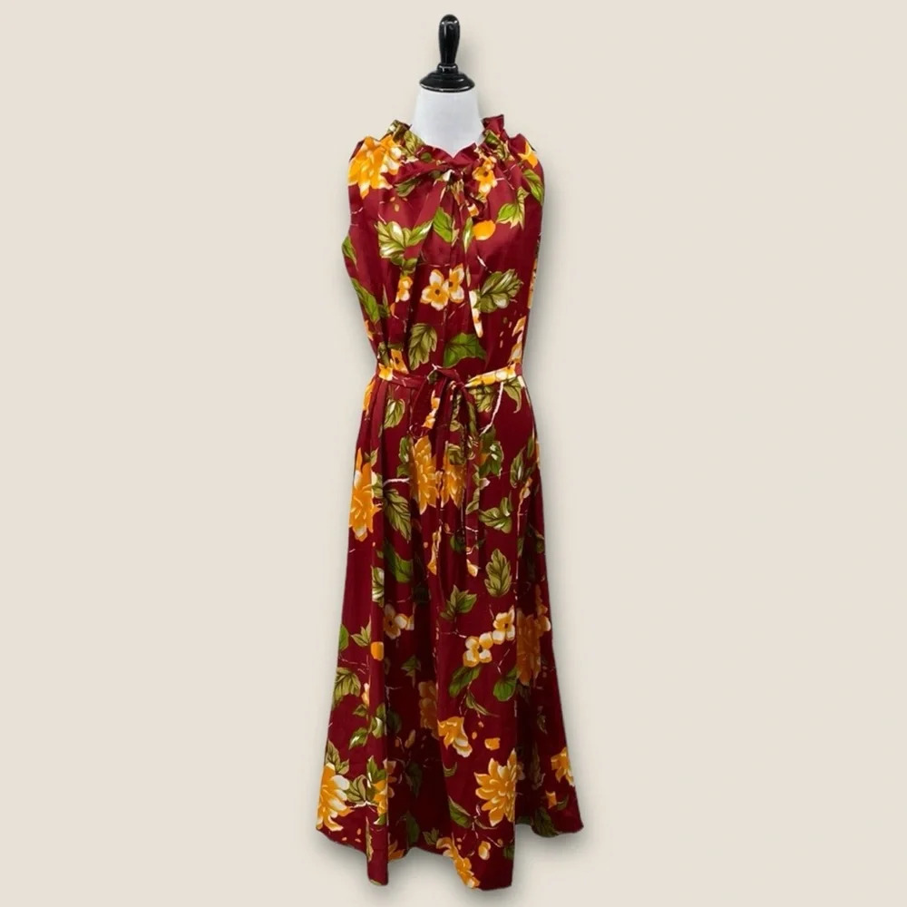 Island Fashions Hawaiian Vintage Maxi Dress Women Size Medium Red Floral‎